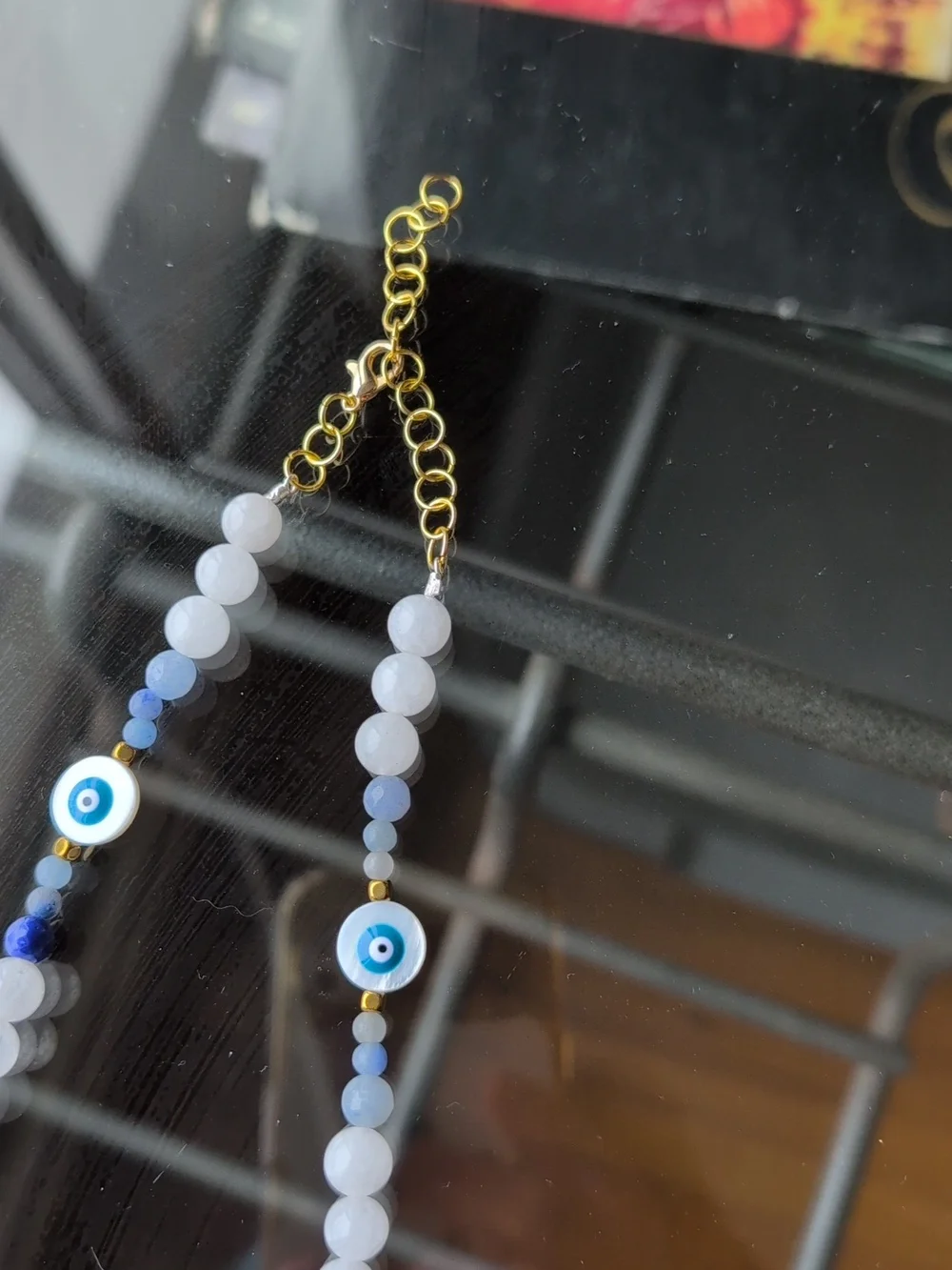 Handmade Blue advetureine and White Quartz Beaded Evil Eye Charm Necklace - Picture 4 of 5